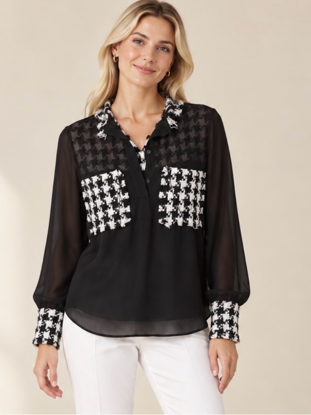 Zara Black Sheer Blouse with White Houndstooth Patches